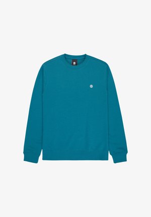 Teal long-sleeve crew neck sweatshirt with ribbed cuffs and hem, featuring small white logo on left chest and black neck label.