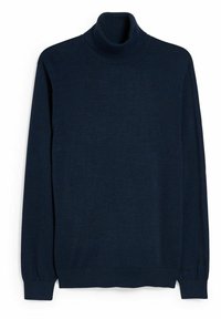 Mörkblå polotröja i mjukt, ribbat tyg. Har långa ärmar och en figurnära silhuett. Minimalistisk design utan mönster eller detaljer.