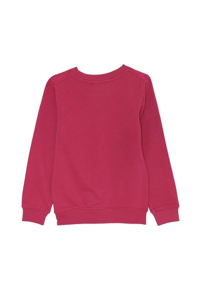 Felpa rosa brillante a maniche lunghe con polsini, orlo e scollatura a coste, mostrata da dietro su uno sfondo bianco.