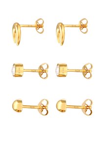 Boucles d'oreilles en métal doré présentant divers designs : l'une avec une forme courbée, une autre avec une pierre transparente, et un style arrondi.