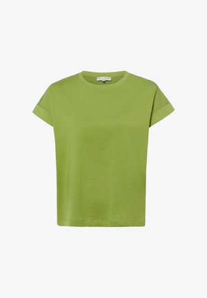 Grünes Damen-T-Shirt mit kurzen Ärmeln, umgeschlagenen Bündchen und rundem Ausschnitt, aus einfarbigem Stoff, auf weißem Hintergrund dargestellt.