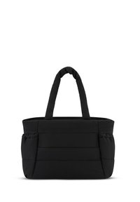 Musta kangaskassi, jossa on pehmustettu pinta, kaksi kahvaa ja ulkoiset sivutaskut, yksinkertainen suorakulmainen muotoilu.