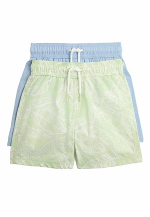 Dva páry pánských plaveckých šortek na sobě, přední pár světle zelený s bílým listovým potiskem a bílým šňůrkem, zadní pár jednobarevný světle modrý s bílým šňůrkem.