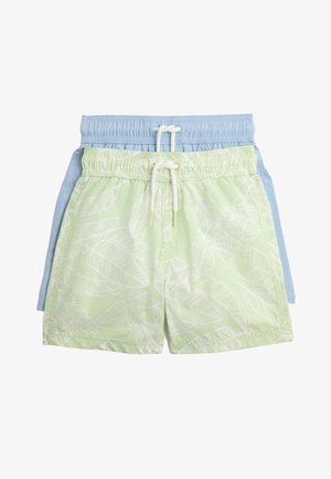 To par herre badeshorts stablet, forreste par lysegrøn med hvidt bladtryk og hvid snor, bageste par ensfarvet lyseblå med hvid snor.