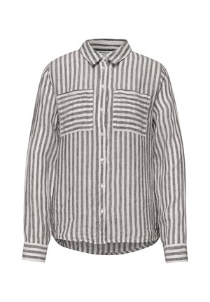 Chemise à manches longues avec boutons, rayures verticales grises et blanches, deux poches poitrine à rayures horizontales et col pointu.