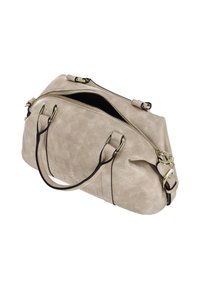 Bézs színű műbőr kézitáska struktúrált felülettel, dupla fogantyúval, aranyszínű fém kiegészítőkkel és cipzáras záródással. Kontrasztos fekete részletekkel díszítve.