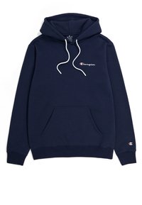 Sudadera azul marino hecha de algodón suave, con un bolsillo canguro y cordones blancos. Logo bordado de "Champion" en el pecho.