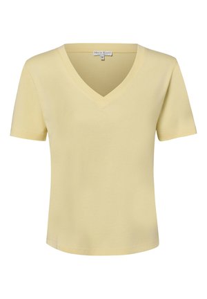 Jasnożółta bawełniana koszulka z krótkim rękawem i dekoltem w serek, z małą metką marki wewnątrz kołnierza.