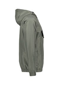 Giacca leggera color verde oliva con cappuccio, polsini elastici e tasche laterali, realizzata in materiale morbido e resistente all'acqua.