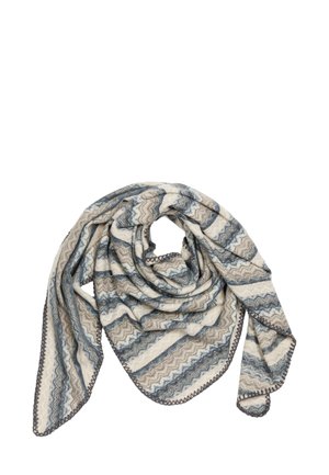 Gewebter Schal mit Zickzack- und Streifenmustern in Beige, Blau und Grau. Die Kanten sind mit einem dekorativen dunklen Nähdetail versehen. Leicht und strukturiert.