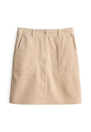Gonna in corduroy beige con taglio dritto, dotata di tasche frontali, passanti per cintura e chiusura con un bottone. Tessuto a coste verticali.
