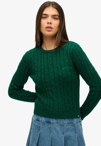 Grüner, kabelgezogener Pullover mit langen Ärmeln und rundem Halsausschnitt. Verfügt über ein erhabenes, strukturiertes Muster und ein Logodetail auf der Brust.