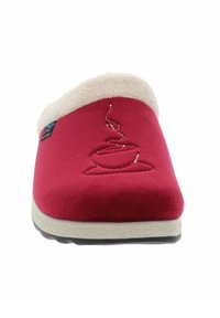 Pantoufle en suede rouge avec une doublure en fourrure beige, arbore un design brodé sur le dessus et une semelle texturée pour une meilleure adhérence.