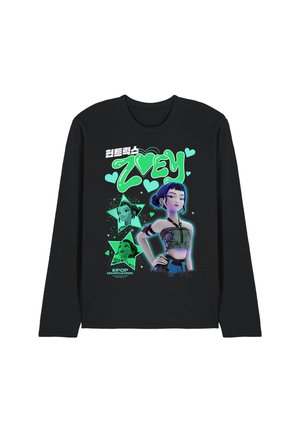 Black long-sleeve shirt featuring graphic design of a character named Zvey with green and blue accents, stars, and K-pop theme elements.