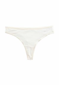 White cotton thong underwear with a smooth texture, narrow sides, and a low-rise waistband. Features a simple design without patterns.
