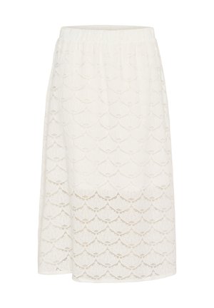 Balta midi sijonas, pagamintas iš nėrinių su banguoto rašto, turintis elastingą juosmenį ir tiesų kirpimą. Lengvas, plazdantis audinys.