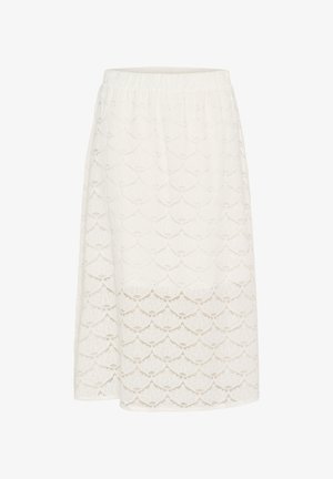 Bela midi krila iz čipke z valovitim vzorcem, opremljena z elastičnim pasom in ravnim krojem. Lahka, tekoča tekstura.