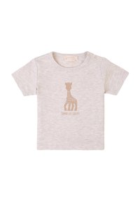 T-shirt grigia a maniche corte realizzata in morbido tessuto. Presenta un design stampato di una giraffa marrone con pois e il nome del marchio. Due bottoni a pressione sulla spalla.