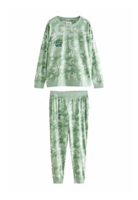 Grønt pyjamas-sæt med langærmet top og bukser, begge prydet med hvide halvmåner og stjerner, lavet af blødt, tekstureret stof.