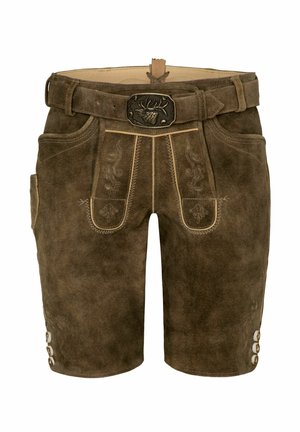 Braune Lederhosen mit strukturiertem Finish, versehen mit dekorativer Stickerei, seitlichen Taschen und einem Metallverschluss mit einem Hirschdesign.