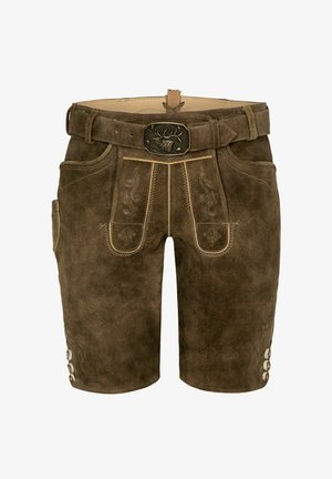 Ruske nahke hlače z teksturirano površino, ki vsebujejo dekorativno vezenje, stranske žepe in kovinski sponko z dizajnom jelena.