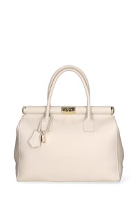 Borsa a mano in pelle beige con manici doppi, forma strutturata, hardware dorato e etichetta rimovibile. Presenta un top pieghevole.