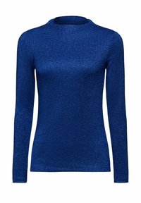 Haut bleu à manches longues en tissu brillant et texturé. Présente un col montant et une silhouette ajustée. La texture réfléchit la lumière.
