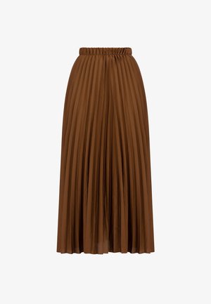 Brauner plissierter Rock mit elastischem Bund, aus glattem Stoff, mit mehreren vertikalen Falten und einem bodenlangen Design.