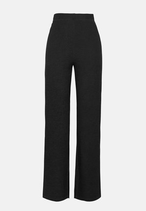 Black wide-leg pants made of textured fabric with a high waistband, featuring a loose fit and straight cut that falls to the ankle.