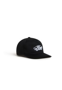 Gorra negra de tela con visera curvada, detalle del logotipo blanco bordado en la parte frontal y diseño clásico estructurado.