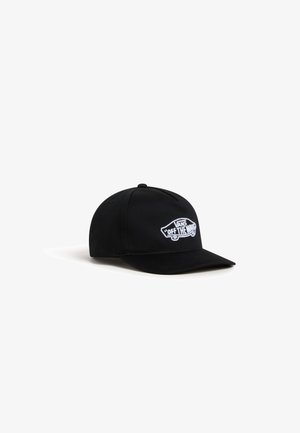 Black cap made of fabric featuring a curved brim, embroidered white logo detail on the front, and a classic structured design.