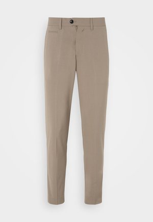 Beige maßgeschneiderte Hose mit schmalem Schnitt, Reißverschluss und einer vorderen Tasche. Hergestellt aus einem glatten Stoff mit einem klaren Erscheinungsbild.