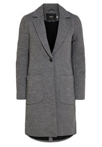 Lungo cappotto grigio da donna con rever a incavo, un singolo bottone nero, due tasche a toppa frontali e orlo leggermente curvo.