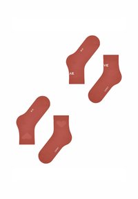 Rote Knöchelsocken mit einem Herzmuster und dem Text "LIEBE" und "GEIST" in Weiß an den Seiten. Hergestellt aus einem weichen, dehnbaren Material.