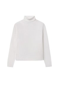 Maglione bianco a collo alto realizzato in tessuto a maglia, con maniche lunghe, un colletto rigato alto e un design cropped con orlo rigato.