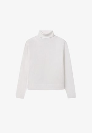 Maglione bianco a collo alto realizzato in tessuto a maglia, con maniche lunghe, un colletto rigato alto e un design cropped con orlo rigato.