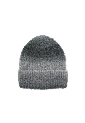 Gray knitted beanie with a folded cuff, featuring a textured, fuzzy wool blend and a gradient from dark to light gray.