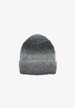 Gray knitted beanie with a folded cuff, featuring a textured, fuzzy wool blend and a gradient from dark to light gray.