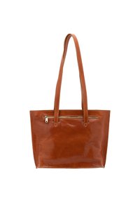 Bruine leren tote bag met een glanzende afwerking, rechthoekige vorm, dubbele middelgrote handvatten en een ritsvak aan de voorkant.