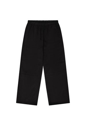 Pantalones de pierna ancha negros con cinturilla elástica, cordón y dos bolsillos frontales. Fabricados con un tejido suave y de textura lisa.