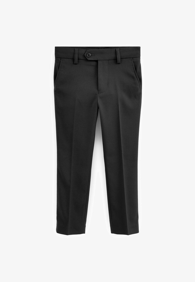 Sorte bukser med en glat tekstur, skræddersyet design, flad front, sidelommer og enkelt knaplukning i linningen.