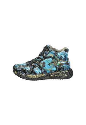 High-top sneakers with a black base featuring a floral pattern in blue and green hues, textured fabric, and a black rubber sole.