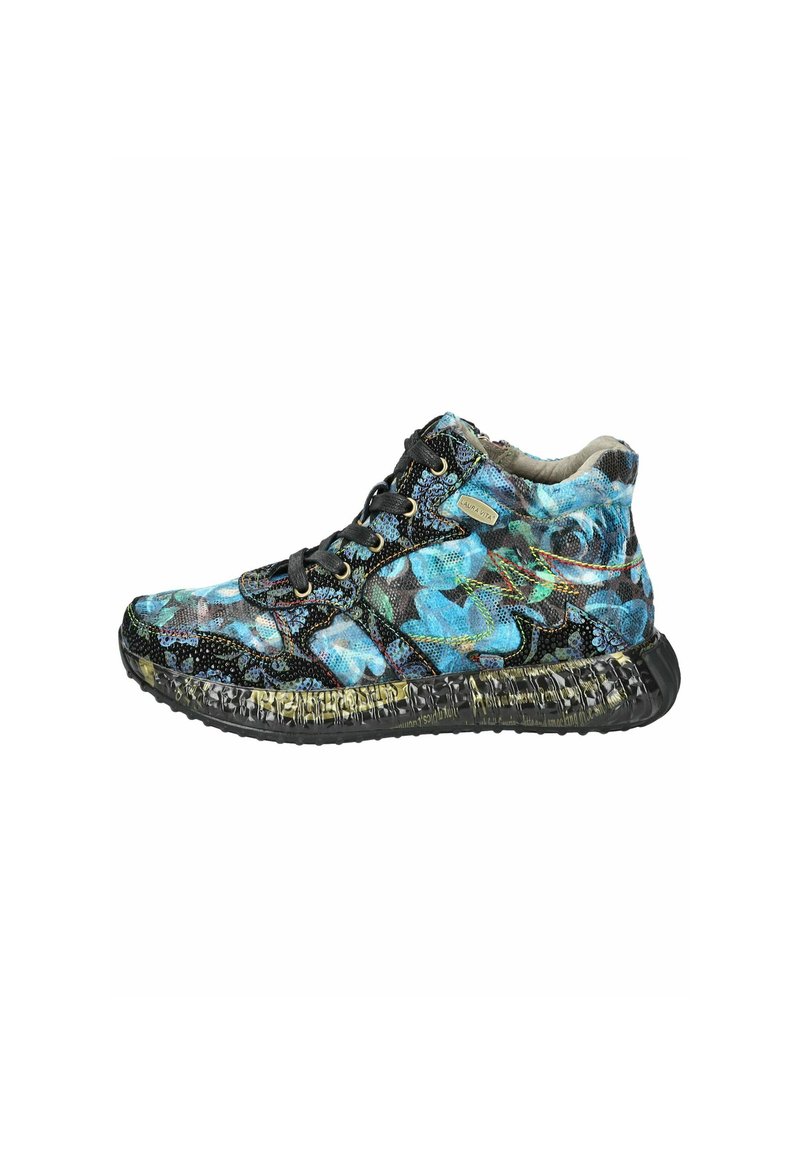 Sneakers alte con una base nera caratterizzate da un motivo floreale in tonalità blu e verde, tessuto texturizzato e suola in gomma nera.