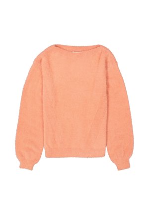 Pull en laine duveteux, de couleur pêche, avec un col rond, de longues manches ballon et des détails texturés sur les côtés et les manches.