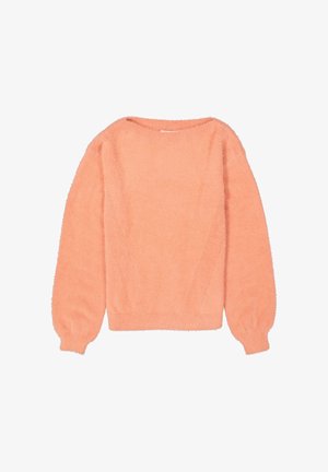 Suéter esponjoso de color durazno, tejido, con escote redondo, largas mangas globo y detalles texturizados en los lados y las mangas.