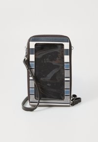 Korska torbica za telefon z ročajem čez ramo, ki ima karo vzorec v mornarsko modri, beli in sivi barvi. Kompaktna oblika z prozornim sprednjim žepom in črnim trakom.