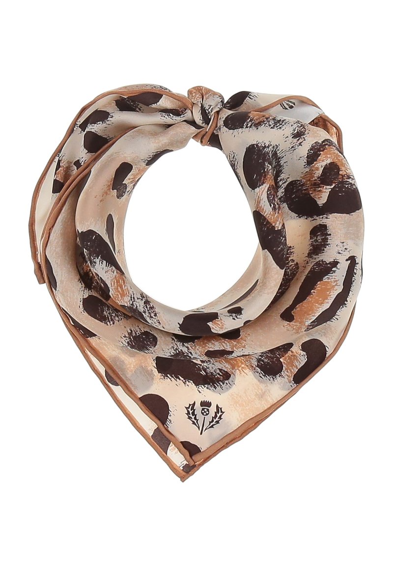Leopard print scarf in beige, brown, and black. Smooth silk material with a square shape and a small floral logo detail at the bottom.