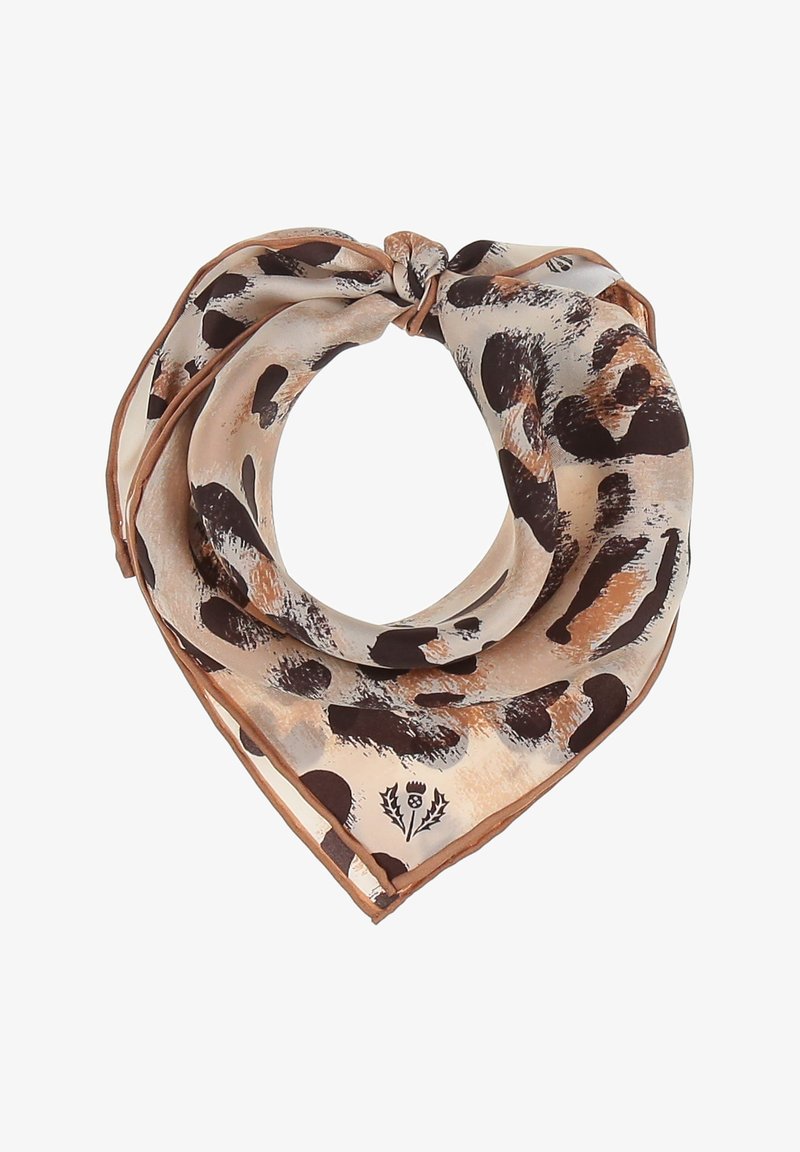 Leopard print scarf in beige, brown, and black. Smooth silk material with a square shape and a small floral logo detail at the bottom.