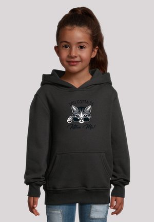 Dark gray hoodie with a front pocket, featuring a cat graphic wearing sunglasses and the text "YOU GOTTA BE KITTEN ME!" above it.