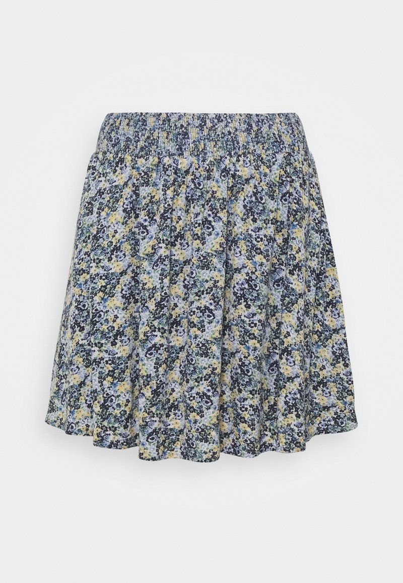 Jupe courte à motif floral bleu, jaune et blanc, avec une taille élastique et un tissu fluide.